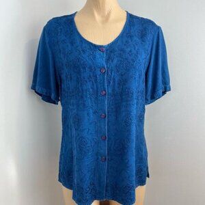 Vintage Women Medium Blue Embroidered Button Down Short Sleeve Shirt Top Peasant